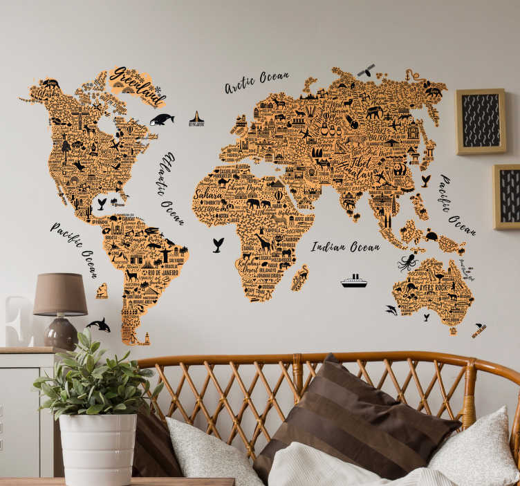Tenstickers Muursticker wereldkaart dieren silhouetten