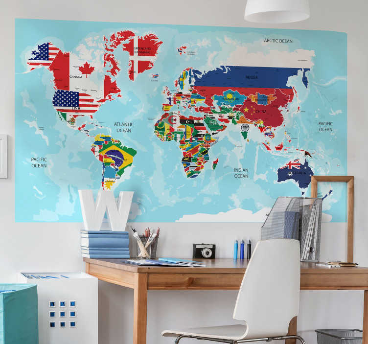 Tenstickers Muursticker wereldkaart met alle vlaggen