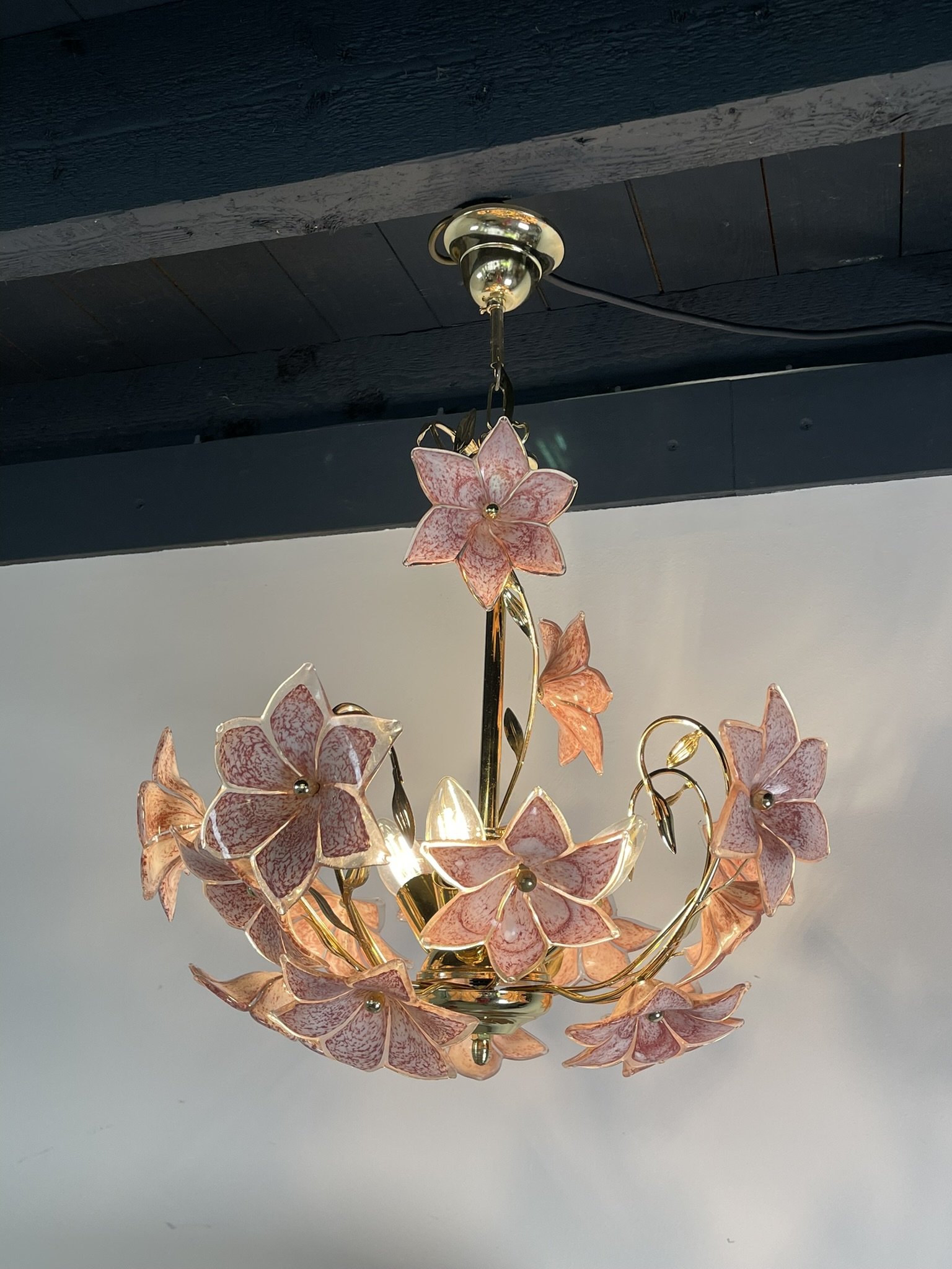 Whoppah Goud met roze bloemenlamp Murano Glass/Messing - Tweedehands