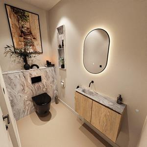 Mondiaz TURE-DLUX 80cm toiletmeubel Washed Oak. EDEN wastafel Glace positie links. Zonder kraangat. TUREDX80WASL0GLA