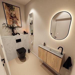 Mondiaz TURE-DLUX 80cm toiletmeubel Washed Oak. EDEN wastafel Opalo positie rechts. Met 1 kraangat. TUREDX80WASR1OPA