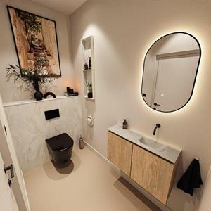 Mondiaz TURE-DLUX 80cm toiletmeubel Washed Oak. EDEN wastafel Ostra positie rechts. Zonder kraangat. TUREDX80WASR0OST