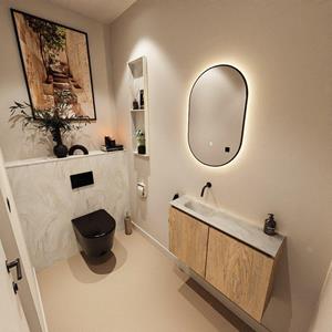 Mondiaz TURE-DLUX 80cm toiletmeubel Washed Oak. EDEN wastafel Ostra positie links. Zonder kraangat. TUREDX80WASL0OST