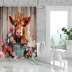 Light in the box 180 cm schattig koe douchegordijn met houten paneel en kleurrijke bloemen - voor thuis, bij een gastgezin, badkamer, badkuipafscheiding - waterdicht sneldrogend polyesterweefsel - decoratief