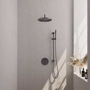 BRAUER Gunmetal Edition thermostatische Inbouw Regendouche - 3-weg - rond - set 88 - 30cm hoofddouche - gebogen muurarm - staaf handdouche - doucheslang - geïntegreerde glijstang - gunmetal gebor