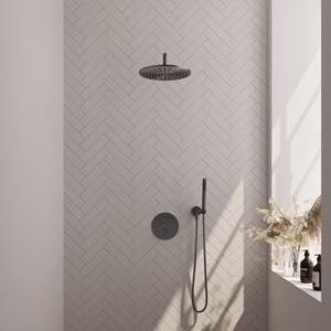 BRAUER Gunmetal Edition thermostatische Inbouw Regendouche - 3-weg - rond - set 76 - 30cm hoofddouche - gebogen muurarm - staaf handdouche - doucheslang - wandaansluitbocht - gunmetal geborsteld PVD 5