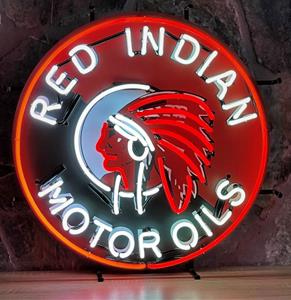 Fiftiesstore Red Indian Motor Oils Neon Verlichting Met Achterplaat - 60 x 60 cm