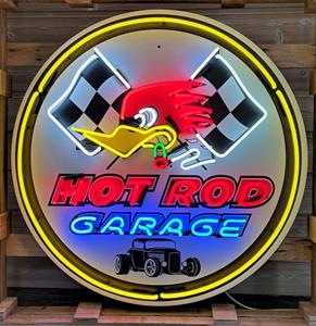 Fiftiesstore Hot Rod Garage Neon - Met Achterplaat - XXL 100 x 100 cm