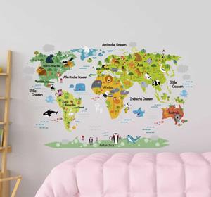 Tenstickers Wereldkaart sticker dieren kinderkamer