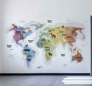 Tenstickers Wereldkaart muursticker Dierenwereldkaart