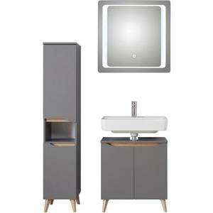 Saphir Badkamerserie Quickset 3-teilig, Waschbeckenunterschrank mit LED-Spiegel Poten met houtlook (3-delig)