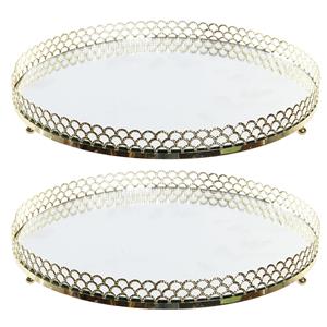 Items 2x stuks ronde kaarsenborden/kaarsplateaus goud met spiegelbodem 25 cm -