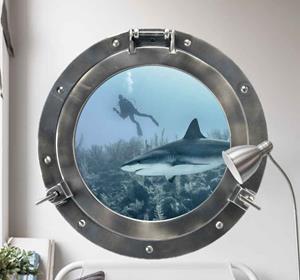 Tenstickers Muurstickers visuele effecten Haai door het raam met vis 3d