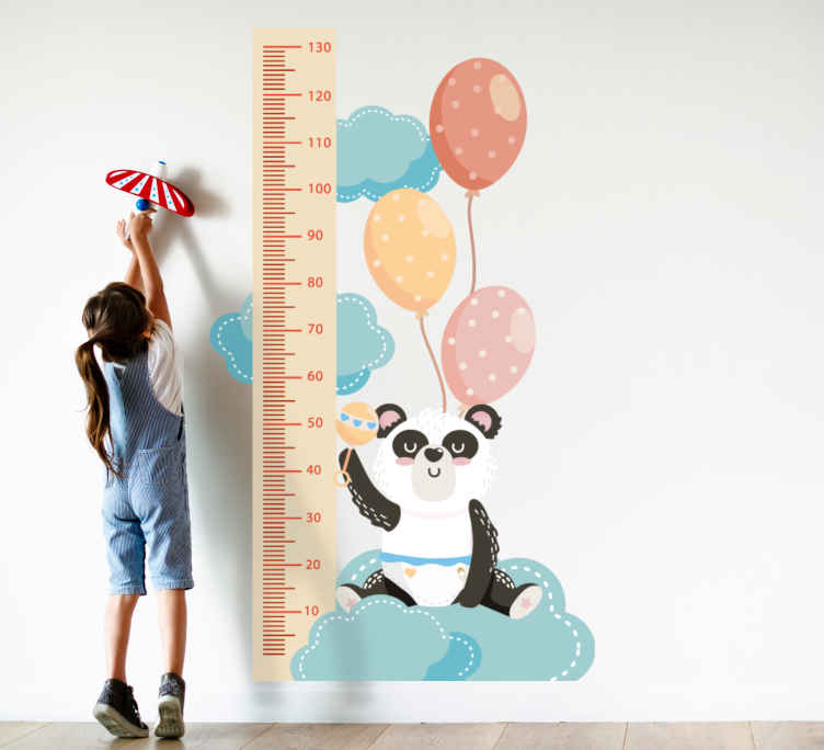 Tenstickers Muursticker groeimeter Baby panda kaart met luchtballonnen