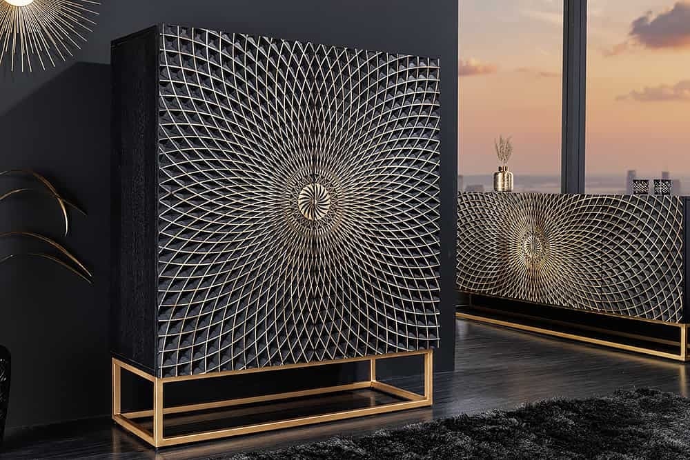 Invicta Interior Design dressoir ILLUSION 120cm zwart mangohout massief hout goud ijzer metalen frame - 44321