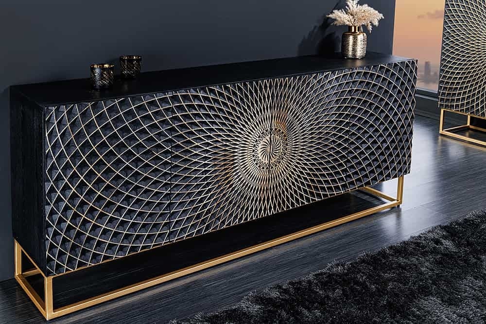 Invicta Interior Design dressoir ILLUSION 180cm zwart mangohout massief hout goud ijzer metalen frame - 44320