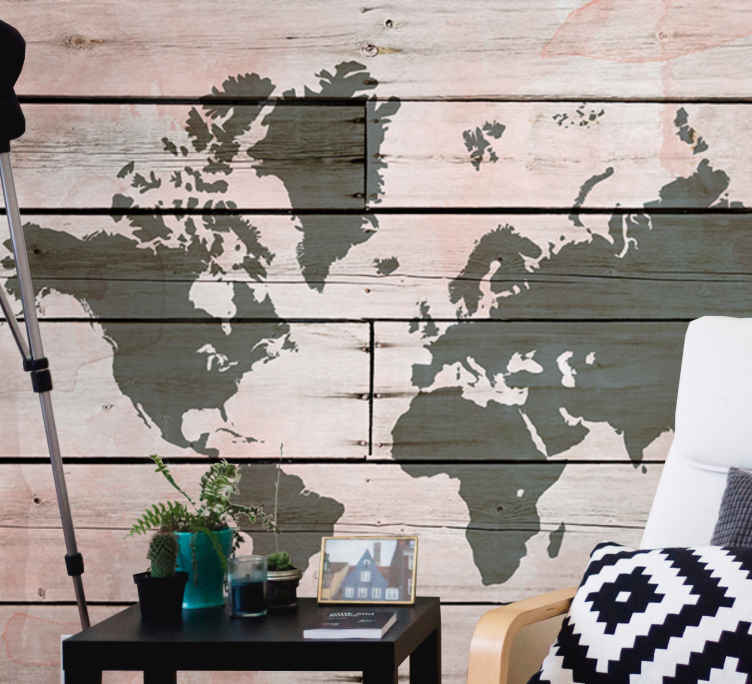 Tenstickers Fotobehang wereldkaart op maat Houten plank gekleurd