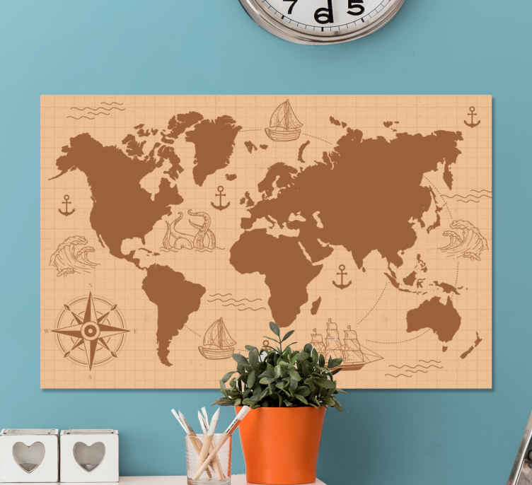 Tenstickers Wereldkaart canvas schilderij Bruin met kompas