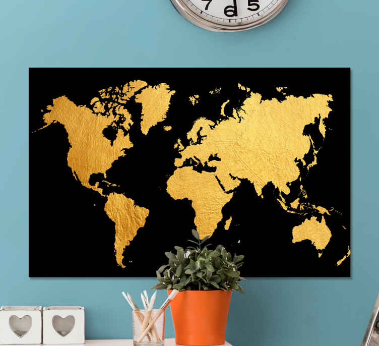 Tenstickers Wereldkaart canvas schilderij Zwart en goud