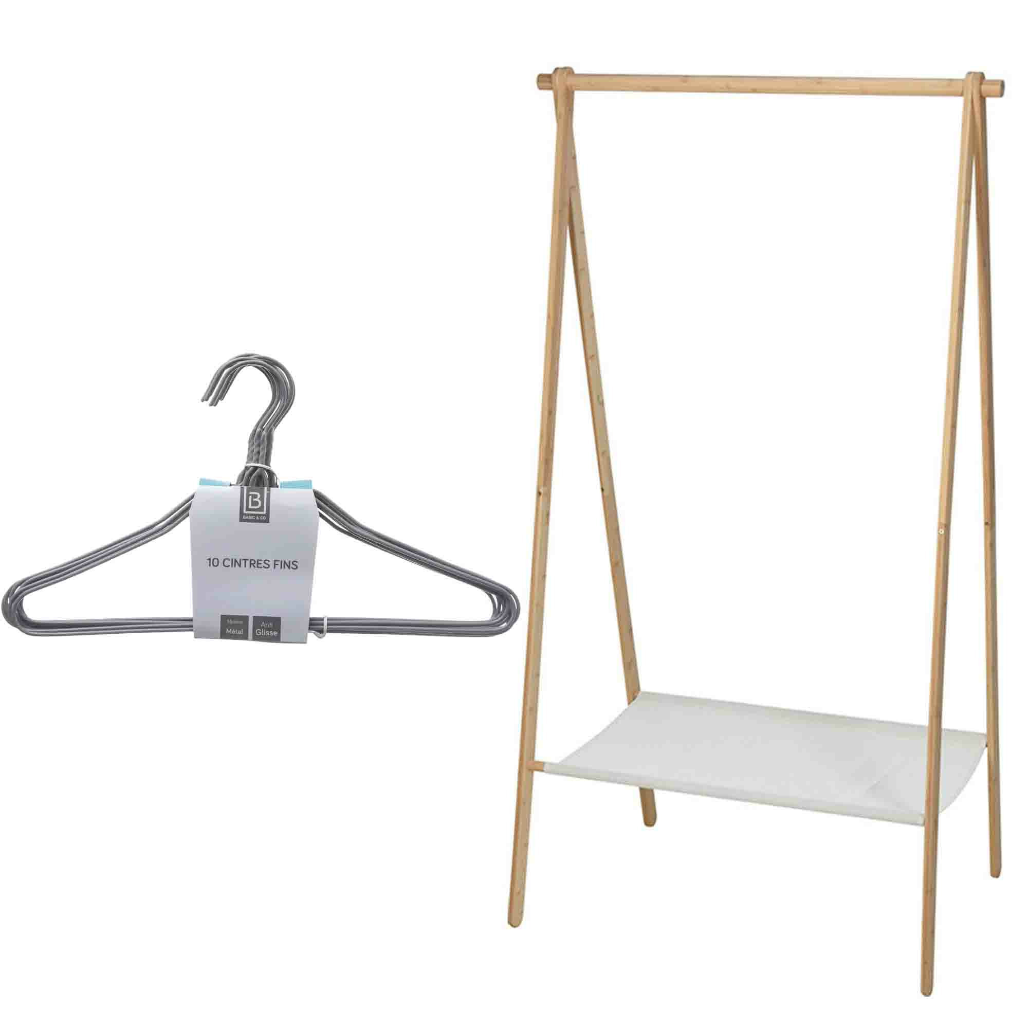 H&S Collection Set van kledingrek met plank en kledinghangers - bamboe - 155 cm -
