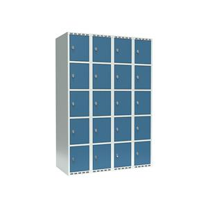 Lockerkast Fydor, 5 vakken, lichtgrijs / briljantblauw, b = 1200 mm, 4 compartimenten, platte bovenkant, hangslot