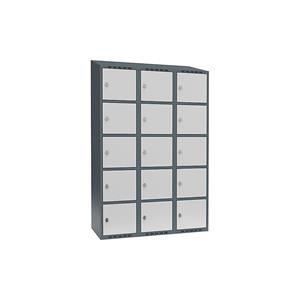 Lockerkast Fydor, 5 vakken, blauwgrijs / lichtgrijs, b = 1200 mm, 3 compartimenten, schuine bovenkant, hangslot