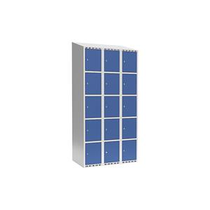 Lockerkast Fydor, 5 vakken, lichtgrijs / briljantblauw, b = 900 mm, 3 compartimenten, schuine bovenkant, cilinderslot