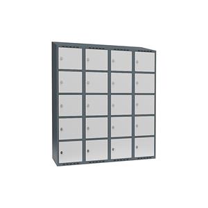 Lockerkast Fydor, 5 vakken, blauwgrijs / lichtgrijs, b = 1200 mm, 4 compartimenten, schuine bovenkant, hangslot