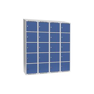 Lockerkast Fydor, 5 vakken, lichtgrijs / briljantblauw, b = 1200 mm, 4 compartimenten, schuine bovenkant, hangslot