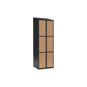 Lockerkast Fydor, 3 vakken, grijs / eikenhout, b = 600 mm, 2 compartimenten, schuine bovenkant, hangslot