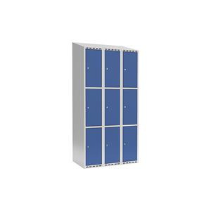 Lockerkast Fydor, 3 vakken, lichtgrijs / briljantblauw, b = 900 mm, 3 compartimenten, schuine bovenkant, cilinderslot