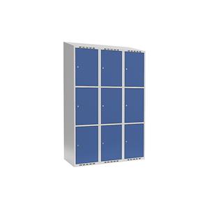 Lockerkast Fydor, 3 vakken, lichtgrijs / briljantblauw, b = 1200 mm, 3 compartimenten, schuine bovenkant, cilinderslot