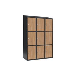 Lockerkast Fydor, 3 vakken, grijs / eikenhout, b = 1200 mm, 3 compartimenten, schuine bovenkant, hangslot