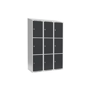 Lockerkast Fydor, 3 vakken, lichtgrijs / grijs, b = 1200 mm, 3 compartimenten, schuine bovenkant, hangslot