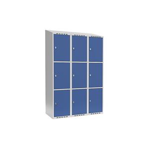 Lockerkast Fydor, 3 vakken, lichtgrijs / briljantblauw, b = 1200 mm, 3 compartimenten, schuine bovenkant, hangslot