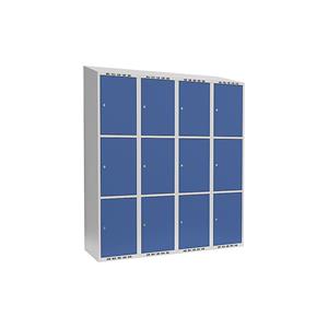 Lockerkast Fydor, 3 vakken, lichtgrijs / briljantblauw, b = 1200 mm, 4 compartimenten, schuine bovenkant, cilinderslot