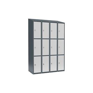 Lockerkast Fydor, 3 vakken, blauwgrijs / lichtgrijs, b = 1200 mm, 4 compartimenten, schuine bovenkant, hangslot