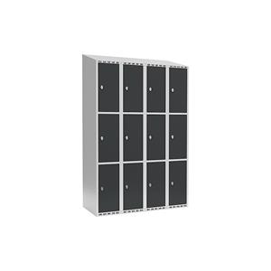 Lockerkast Fydor, 3 vakken, lichtgrijs / grijs, b = 1200 mm, 4 compartimenten, schuine bovenkant, hangslot