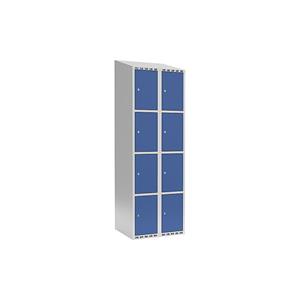 Lockerkast Fydor, 4 vakken, lichtgrijs / briljantblauw, b = 600 mm, 2 compartimenten, schuine bovenkant, cilinderslot