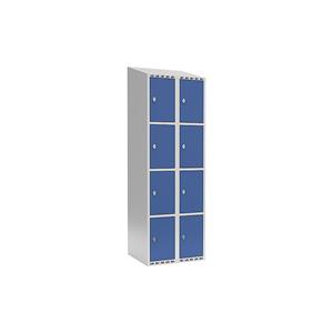 Lockerkast Fydor, 4 vakken, lichtgrijs / briljantblauw, b = 600 mm, 2 compartimenten, schuine bovenkant, hangslot