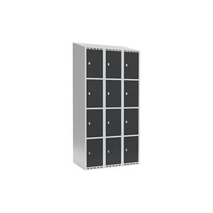 Lockerkast Fydor, 4 vakken, lichtgrijs / grijs, b = 900 mm, 3 compartimenten, schuine bovenkant, hangslot