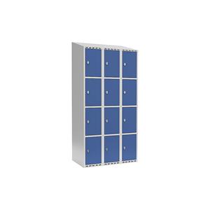 Lockerkast Fydor, 4 vakken, lichtgrijs / briljantblauw, b = 900 mm, 3 compartimenten, schuine bovenkant, hangslot