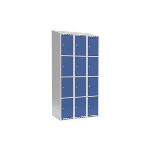 Lockerkast Fydor, 4 vakken, lichtgrijs / briljantblauw, b = 900 mm, 3 compartimenten, schuine bovenkant, cilinderslot