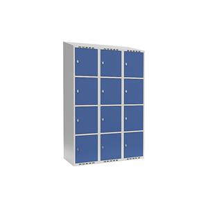 Lockerkast Fydor, 4 vakken, lichtgrijs / briljantblauw, b = 1200 mm, 3 compartimenten, schuine bovenkant, hangslot