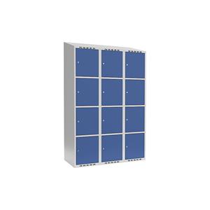 Lockerkast Fydor, 4 vakken, lichtgrijs / briljantblauw, b = 1200 mm, 3 compartimenten, schuine bovenkant, cilinderslot