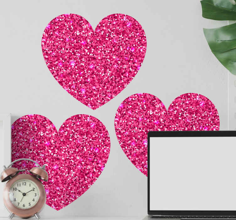 Tenstickers Wanddecoratie stickers Roze hartvormen met glitters