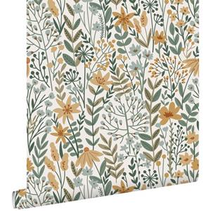 ESTAhome Behang Veldbloemen Grijsblauw, Okergeel En Groen - 50 X 900 Cm - 139838