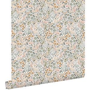 ESTAhome Behang Bloemetjes Grijsblauw, Terracotta Roze En Groen - 50 X 900 Cm