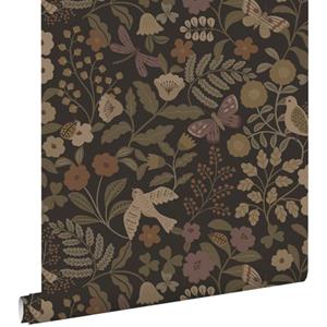 ESTAhome Behang Bloemen En Vogels Donkerbruin, Olijfgroen En Lila Paars - 50 X 900 Cm