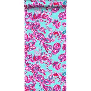 ESTAhome Behang Funky Flowers En Paisleys Turquoise En Roze - 53 Cm X 10,05 M